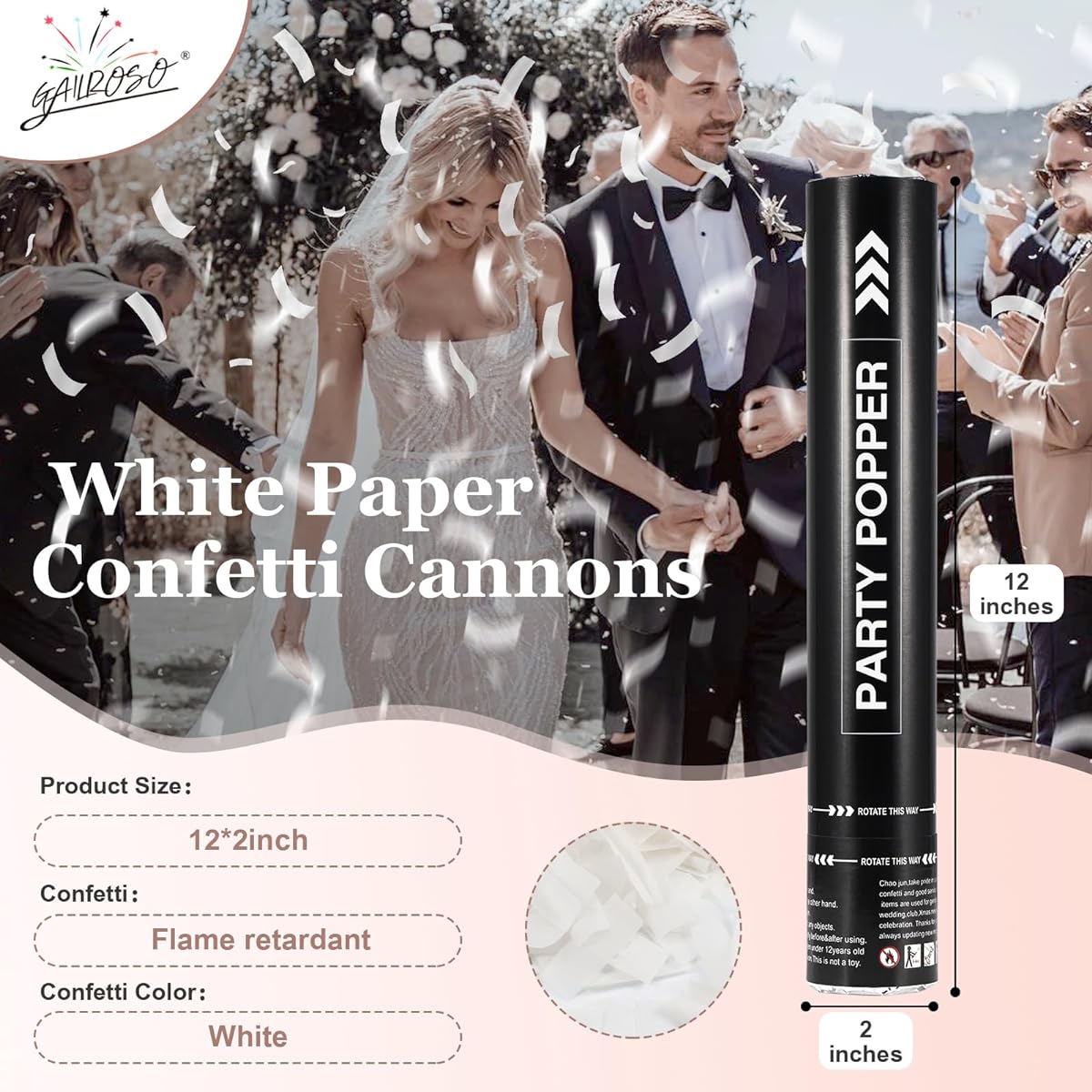 White Confetti Cannon 12 Inch (5 Pack) Wedding Confetti Poppers Aerodynamic, 60-7.52m, Confetti Wands Party Poppers, Engagement, Birthday, Celebration, New Year.