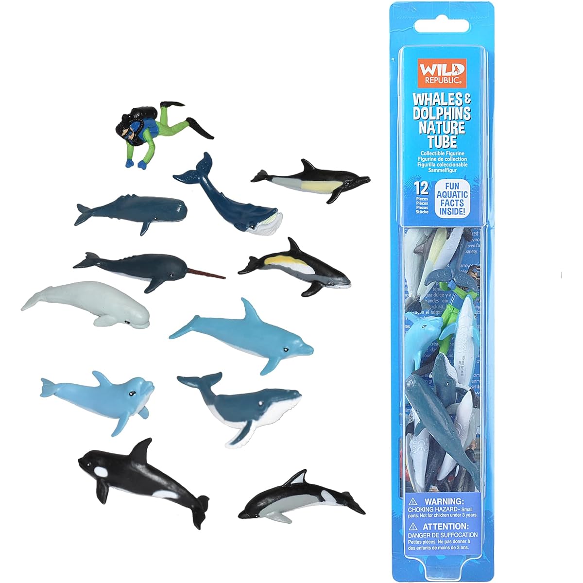 (Whale and Dolphins) - Wild Republic Whales and Dolphins Tube, Bottlenose, Spotted, White-sided Dolphins, Narwhal, Orca, Beluga, Humpback, Grey, Sperm Whales and Diver