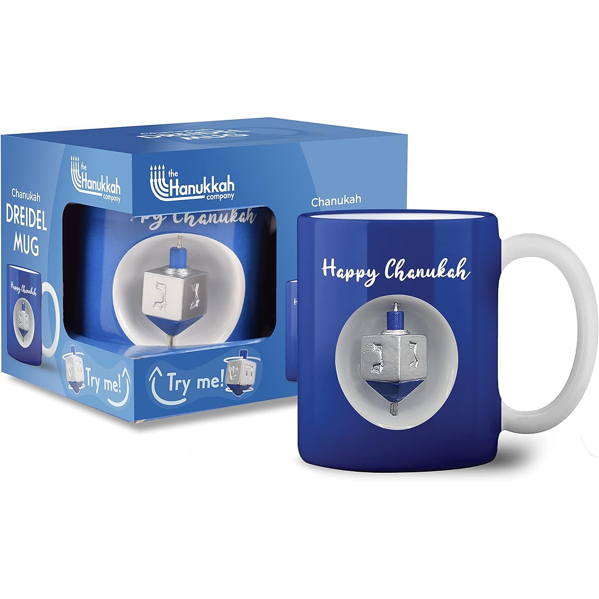 Ner Mitzvah Spinning Hanukkah Dreidel Mug - Happy Hanukkah Decorations - Blue & White Hanukkah Party Favors Holiday Gift Idea