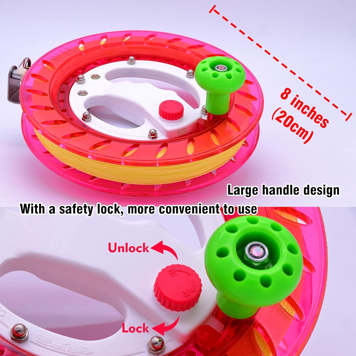 Kite Reel Kite String with Reel 8 Inch 31.8kg High Strength Kite String Large Handle Safety Lock Design with Connectors Kite String Spool for Kids Adults (Red)