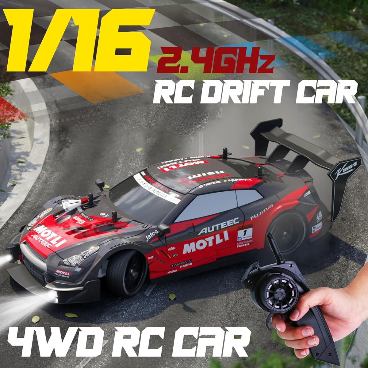 LFOLUSU Remote Control Car RC Drift Car 1:16 Scale 4WD RC Car with LED Lights 2.4GHz 28km/h RTR High Speed Racing Sports Toy Car for Adults Boys Girls Kids Gifts 2 Rechargeable Batteries