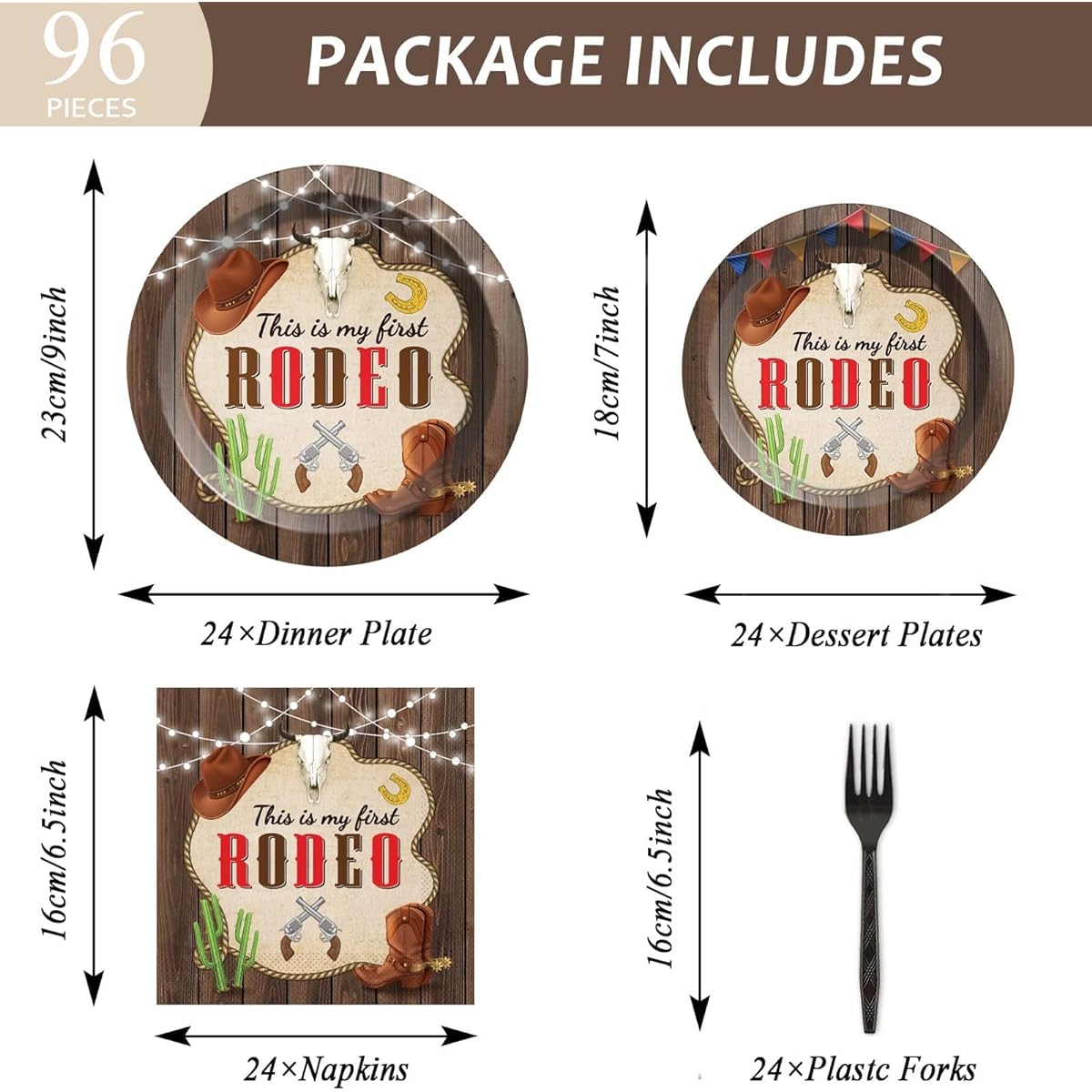 96 Pieces This is My First Rodeo 1st Birthday Party Supplies Western Cowboy Table Decorations Mexican Cactus Birthday Plates Tableware West Rustic Wood Baby Shower Party Favors Serves 24