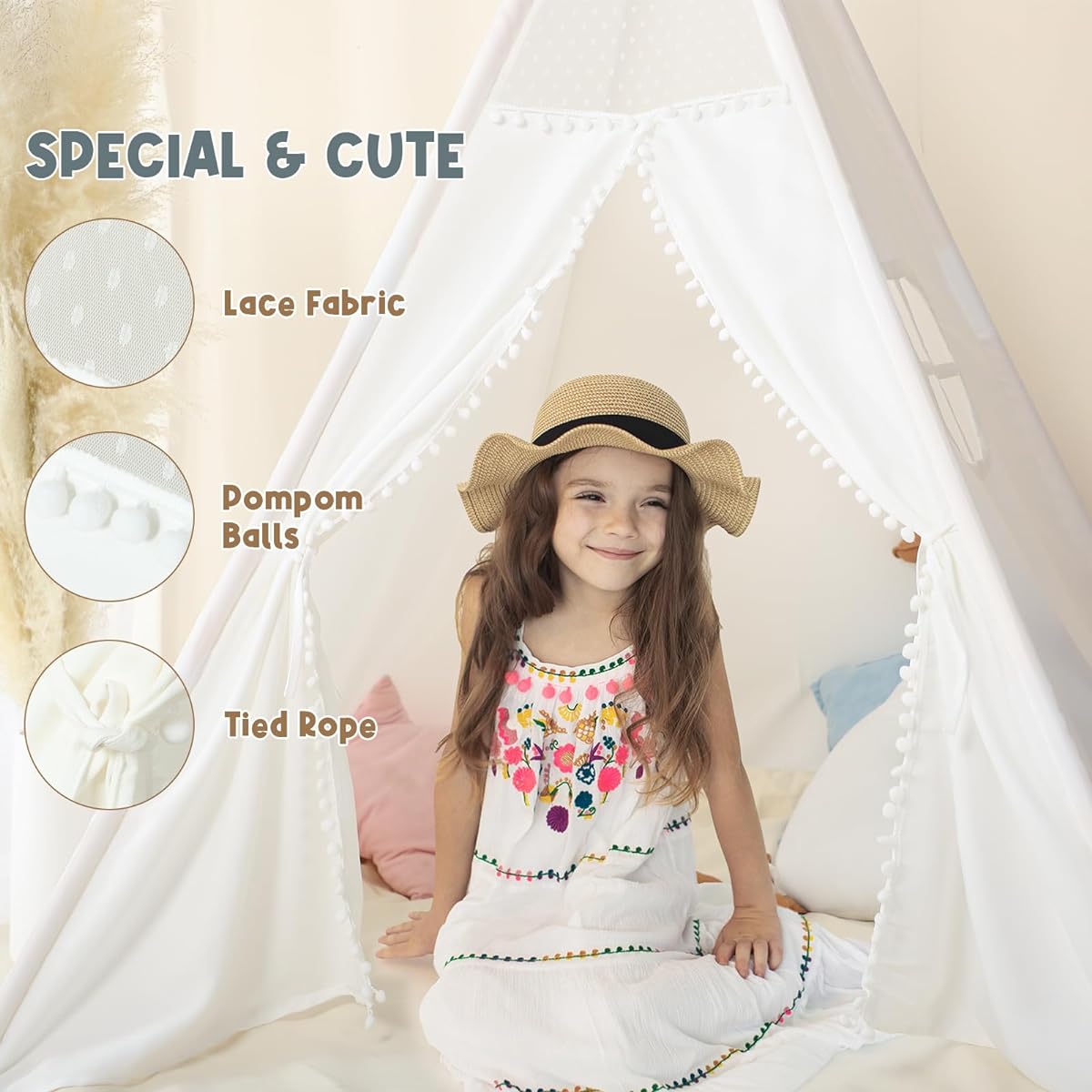 Wilwolfer Teepee Tent for Kids, Foldable Children's Play Tent for Girls and Boys with Carry Case, 4 Pole White Canvas Playhouse for Indoor and Outdoor Games, White, wilwolfer-teepee 2019