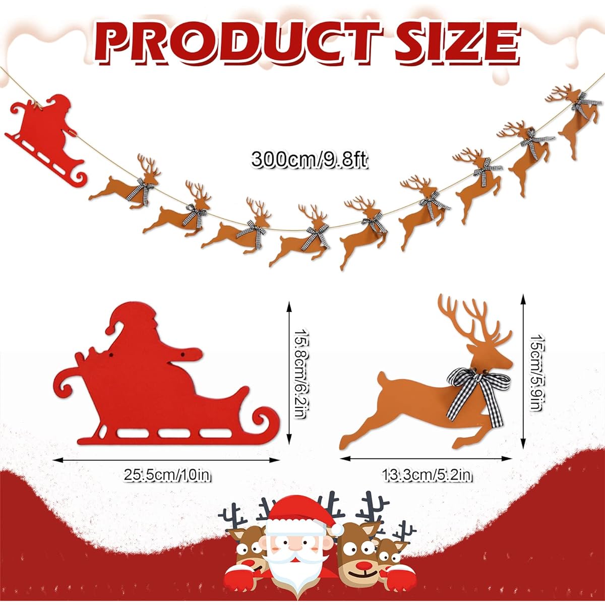 Whaline Wooden Christmas Banner, Santa Sleigh and Reindeer Wood Banner Pre-Assembled Rustic Banner Garland Sign Celebration Hanging Decorations Christmas Party Supplies Home Decoration