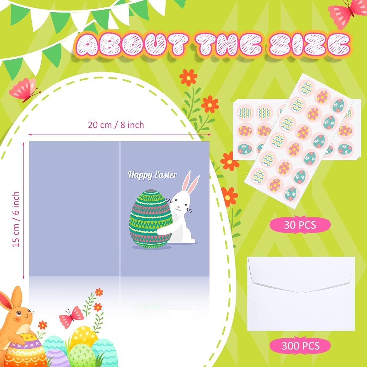 Tinlade Easter Holiday Greeting Card Assortment with Envelope Stickers, Easter Gift Card Set Holder, Easter Bunny Rabbit Egg Cards with 300 Envelopes and 300 Cute Stickers