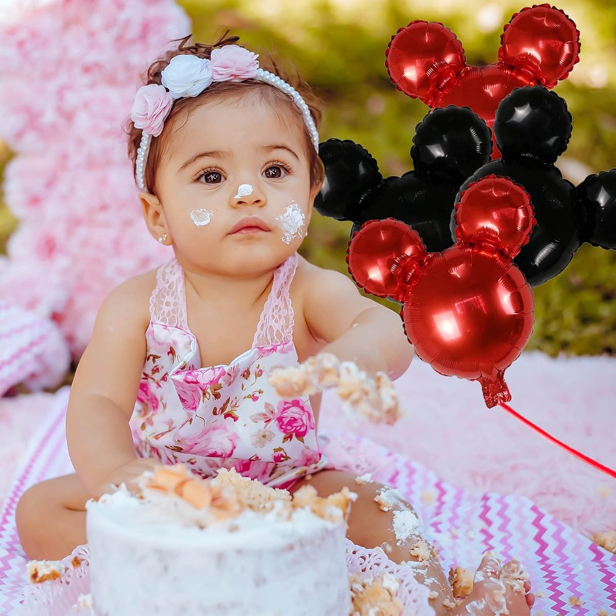 joaoxoko Mouse Party Balloons 6 Pieces Punch Balloons Baby Shower Minnie Party Girls Party Kids Birthday Theme Party Decoration Supplies 24 Inch Black Red Aluminum Foil Balloons (6 Pieces)