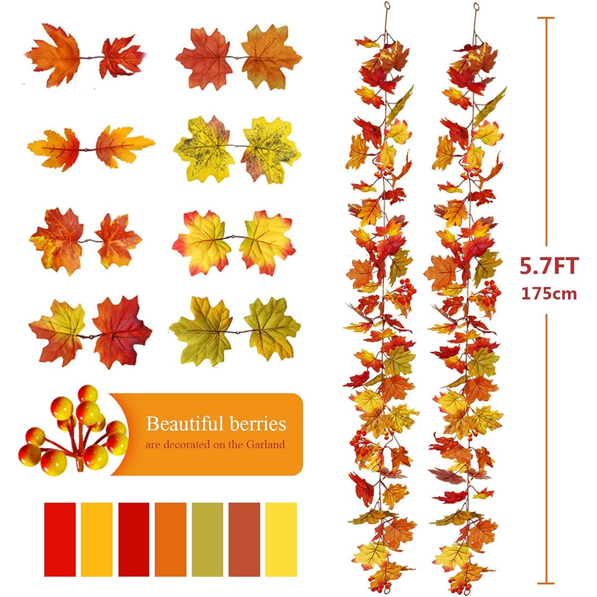 Souarts 2 Pack 5.8ft/1.75m Autumn Maple Leaf Garland, Fall Hanging Vines Garland with Hooks, Halloween Thanksgiving Garland for Home Garden Wedding Party Decorations, Dinner Fireplace Door Garland Vines Decor