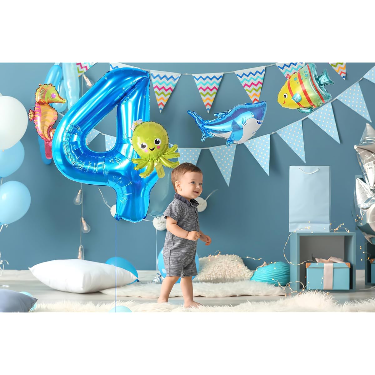 40inch Blue Number 4 Mini Sea Animal Balloons Octopus Shark Seahorse Fish Aluminum Film Foil Balloons for Kids Birthday Cute Baby Shower Party Decorations Sea Animals 4th Birthday Supplies