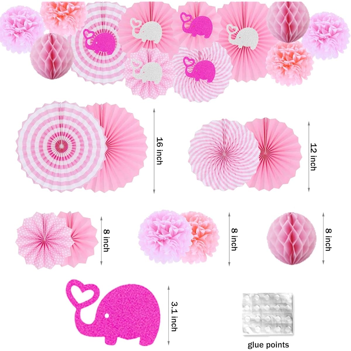Hombae Elephant Baby Shower Decorations for Girls Paper Fan Honeycomb Ball Tissue Paper Pom Pom Balloon Cake Cupcake Topper Sash Mummy Toobie Pinback Button