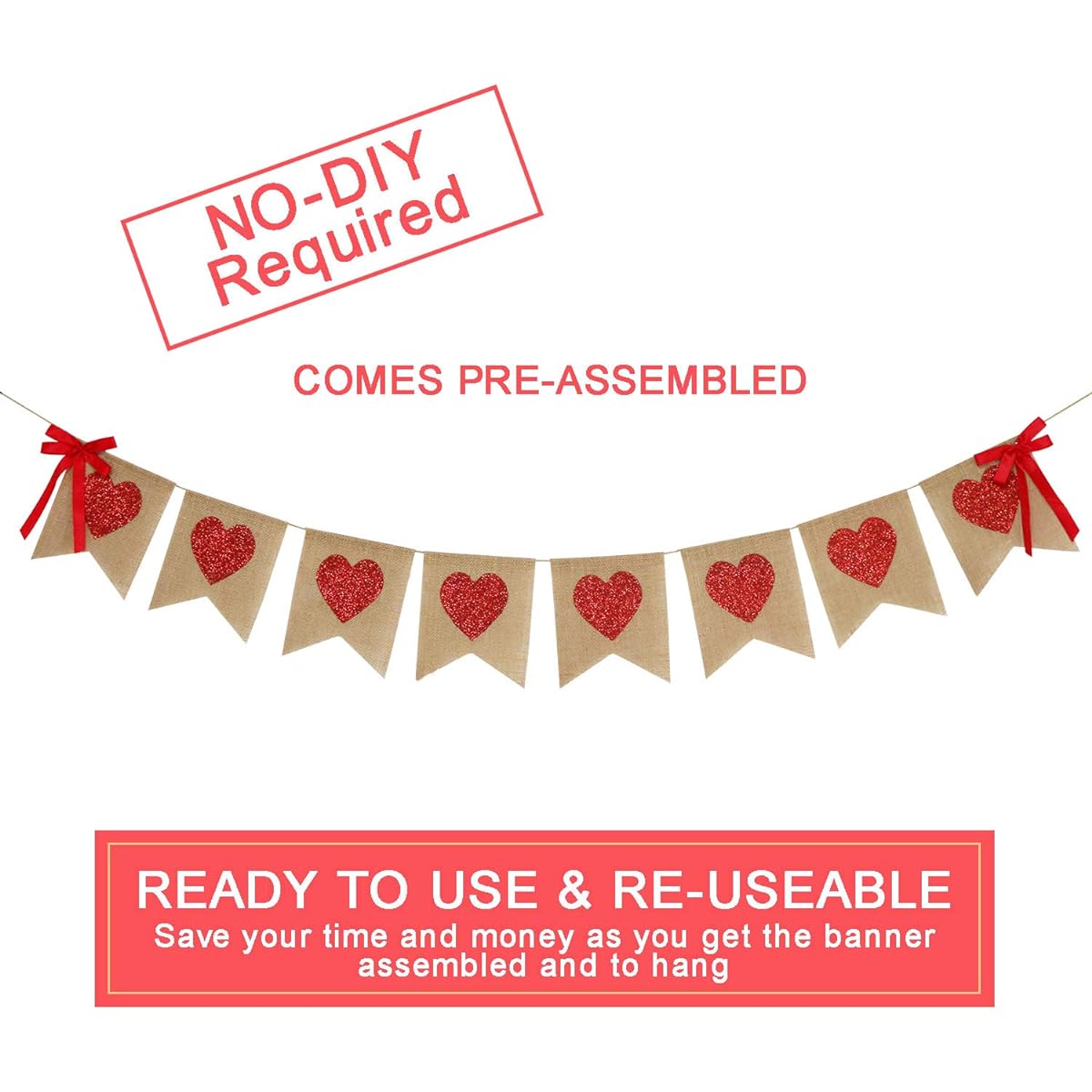 Burlap Heart Banner Garland | Red Glitter Hearts | Valentine's Day Decorations | Rustic Valentine's Decor | Valentine Burlap Banner | Wedding Anniversary Birthday Party Decoration Supplies