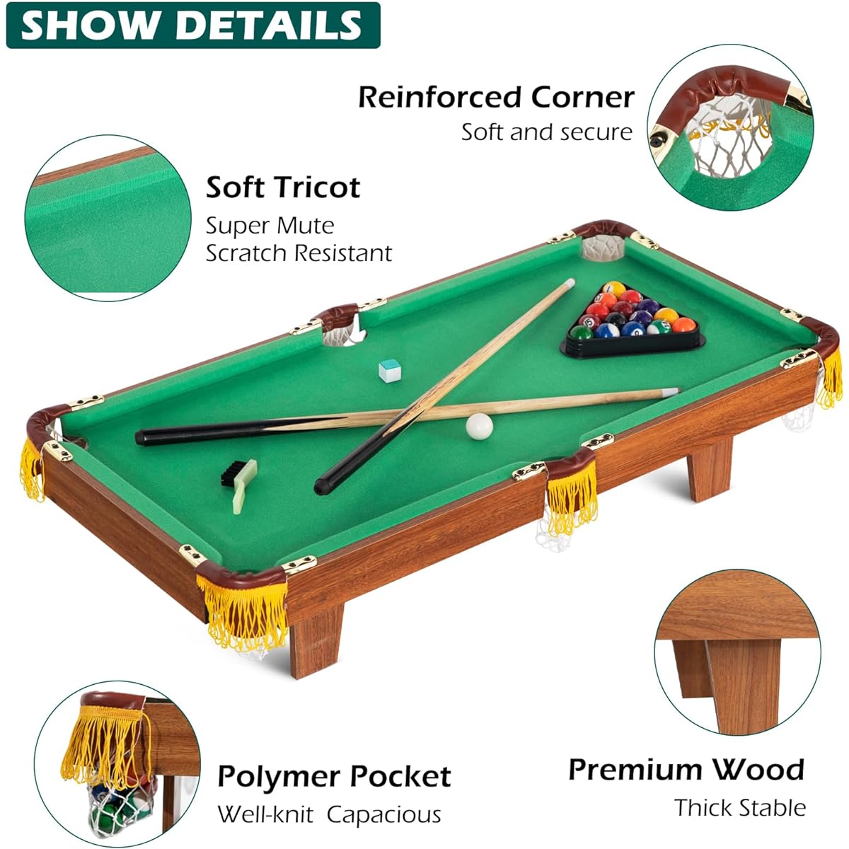 RayChee 36 Inch Mini Tabletop Pool Set Portable Billiard Game Game Ball Stick Chalk Brush Triangle for Family/Office/Party