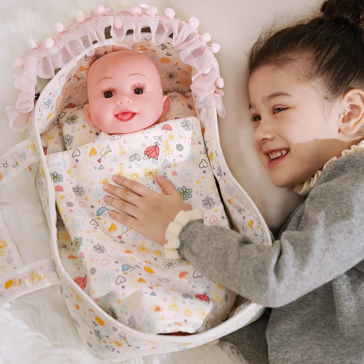 GAGAKU Soft Baby Doll Bassinet with Lace Canopy and Pillow Blanket 3 Piece Doll Carry Cot Set Play Baby Doll Carrier 13 Inch - Pink Rose Garden