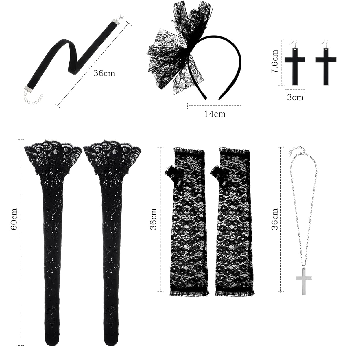 Costume Cosplay 80s Fancy Dress Costume Accessories Set Lace Headband Gloves Thigh Length Stockings Earrings Pendant Necklace Flannel Choker Necklace 80s Party Halloween, Black, Medium