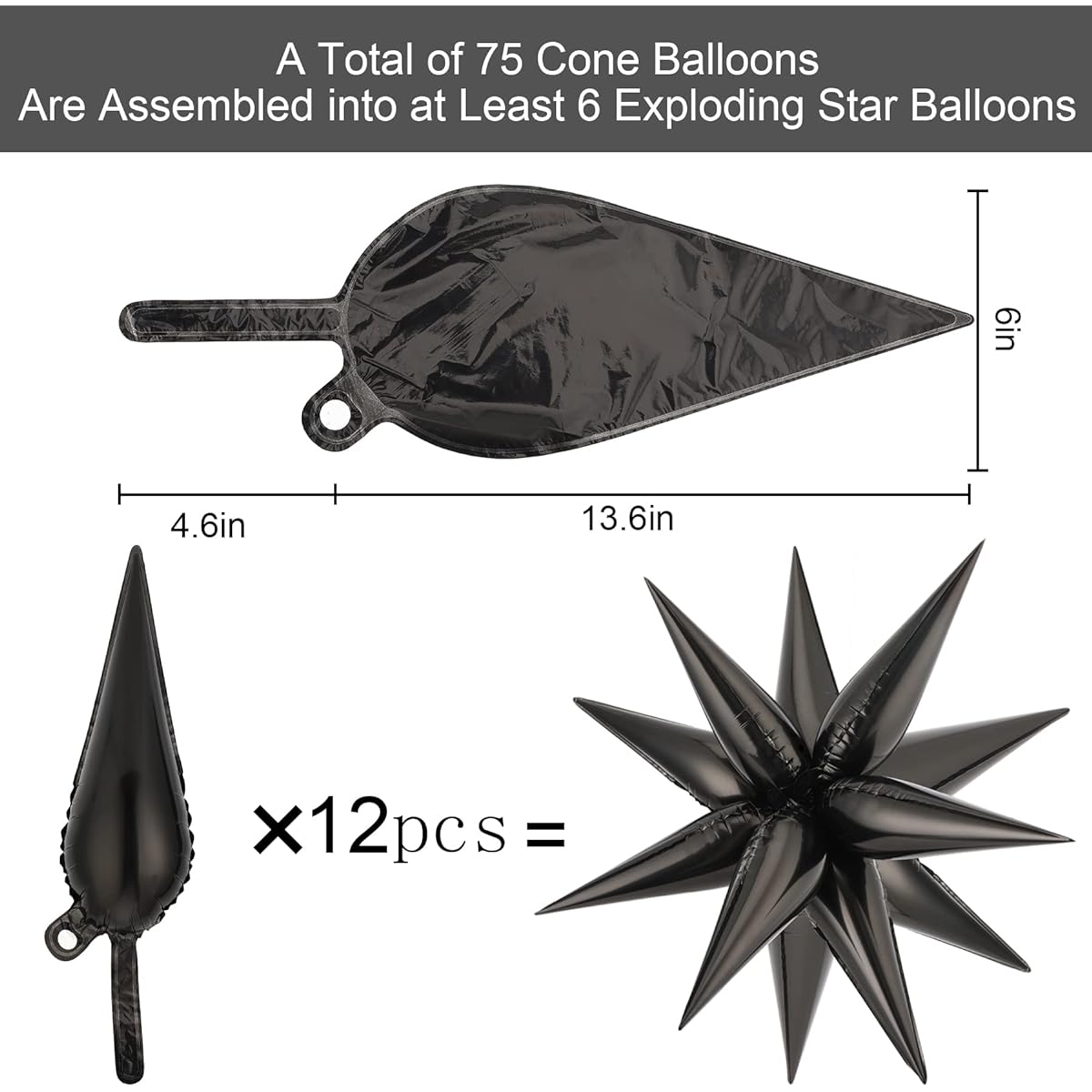 NOVWANG Exploding Star Foil Balloons, 75pcs 12 Point Silver Starburst Cone Mylar Balloons Party Supplies for Christmas Birthday Wedding Baby Shower Photo Booth (Black)