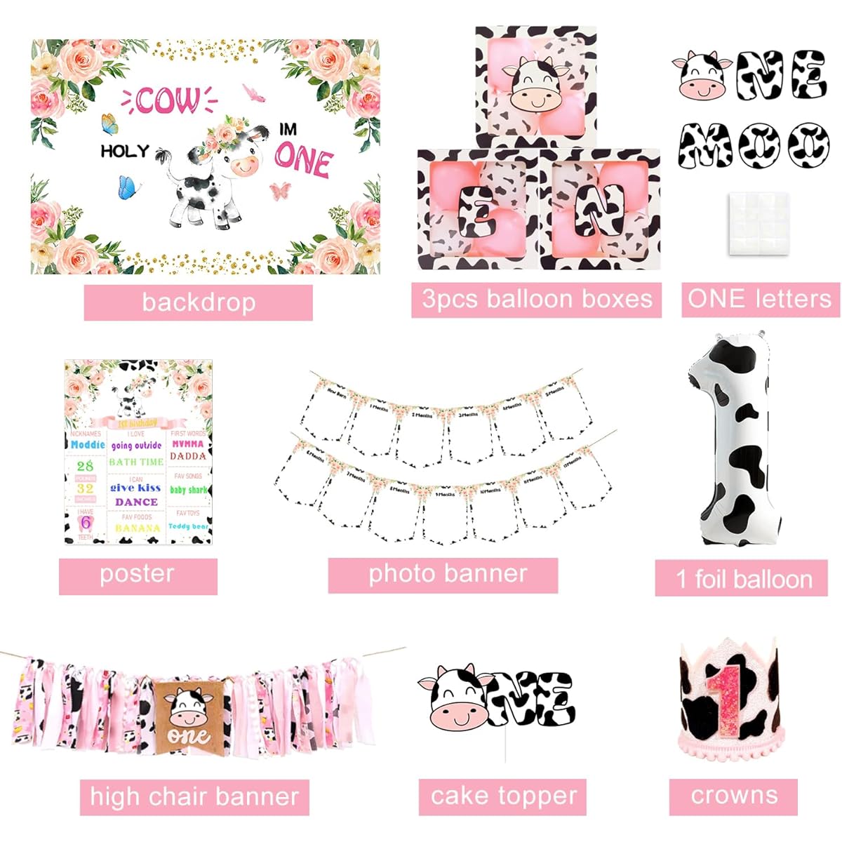 Holy Cow I'M One Birthday Decorations Supplies Cow Theme First Birthday Decorations for Girls Holy Cow Im One Backdrop Highchair Banner Cow Balloon Box 1st Birthday Girl Decorations
