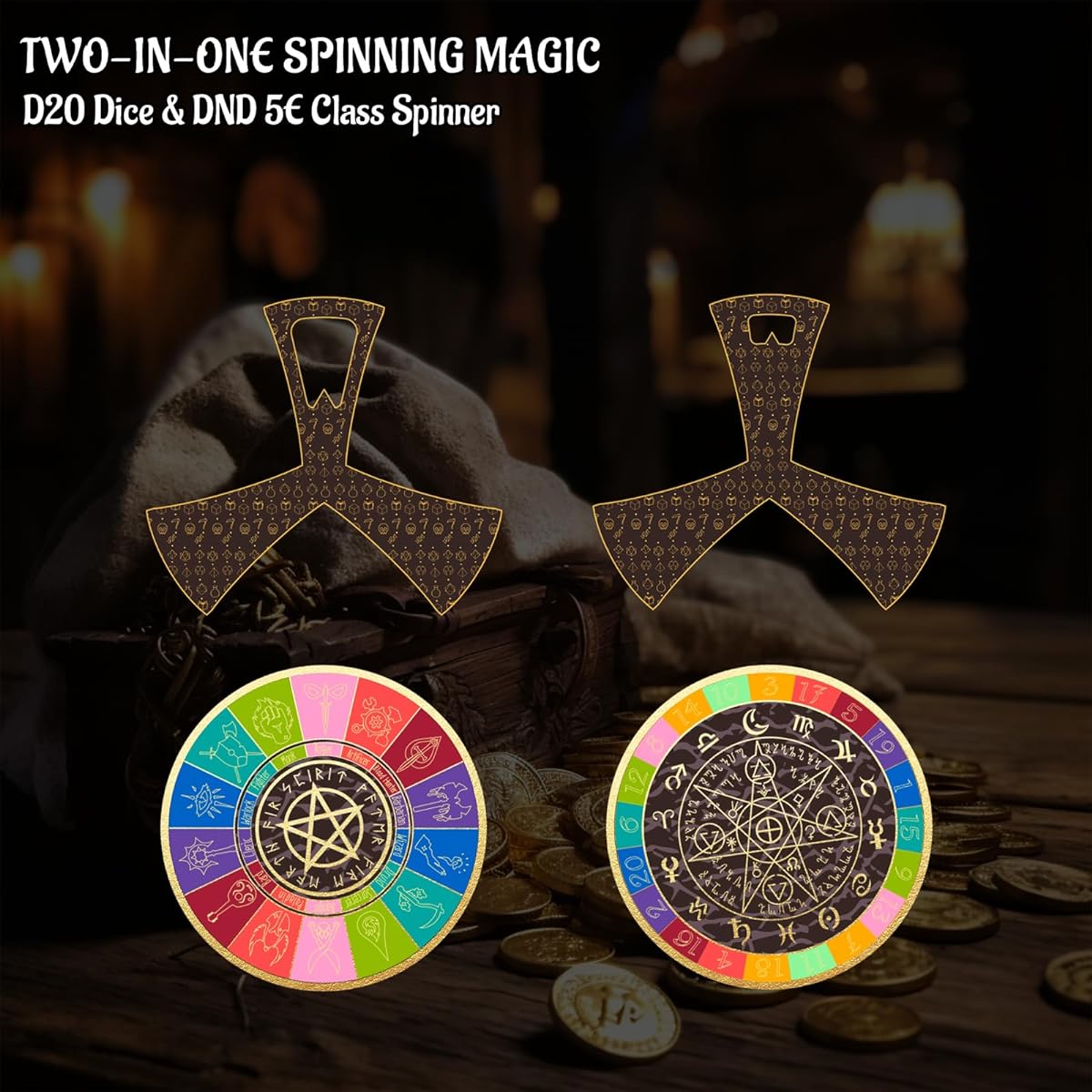 DND 5E Class & D20 Dice Spinner Necklace - 2-in-1 Class Roulette Picker & D20 Dice Roll Fidget Tool - Hard Enamel Roleplaying Jewelry Accessories Gifts for D&D Players, Metal