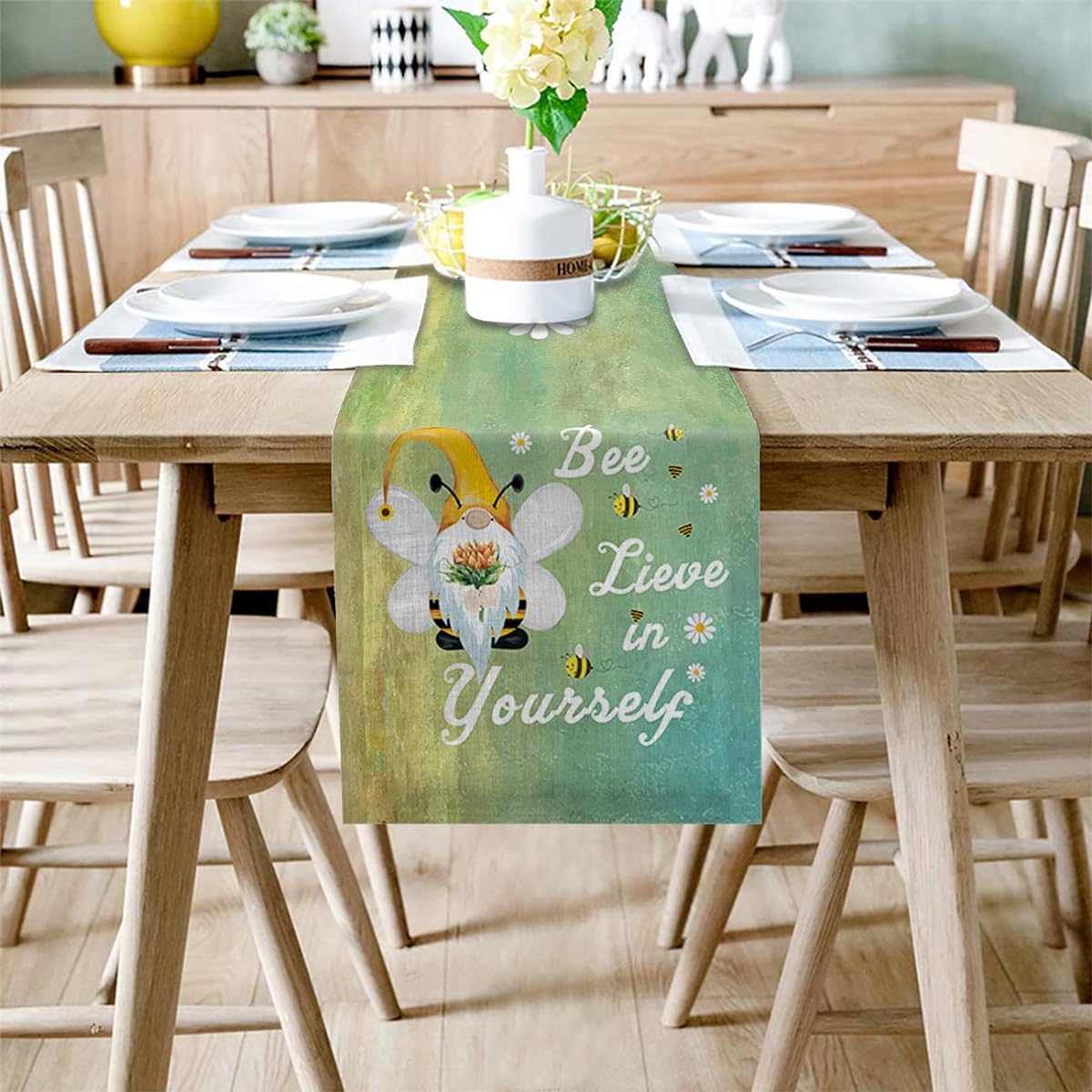 T&H XHome Durable Fabric Table Runner Bee Lieve in Yourself Sunflower Dwarf Daisy Green Washable Linen Table Runner for Home/Kitchen/Dining Table/Indoor/Outdoor 16x72in=41x183cm