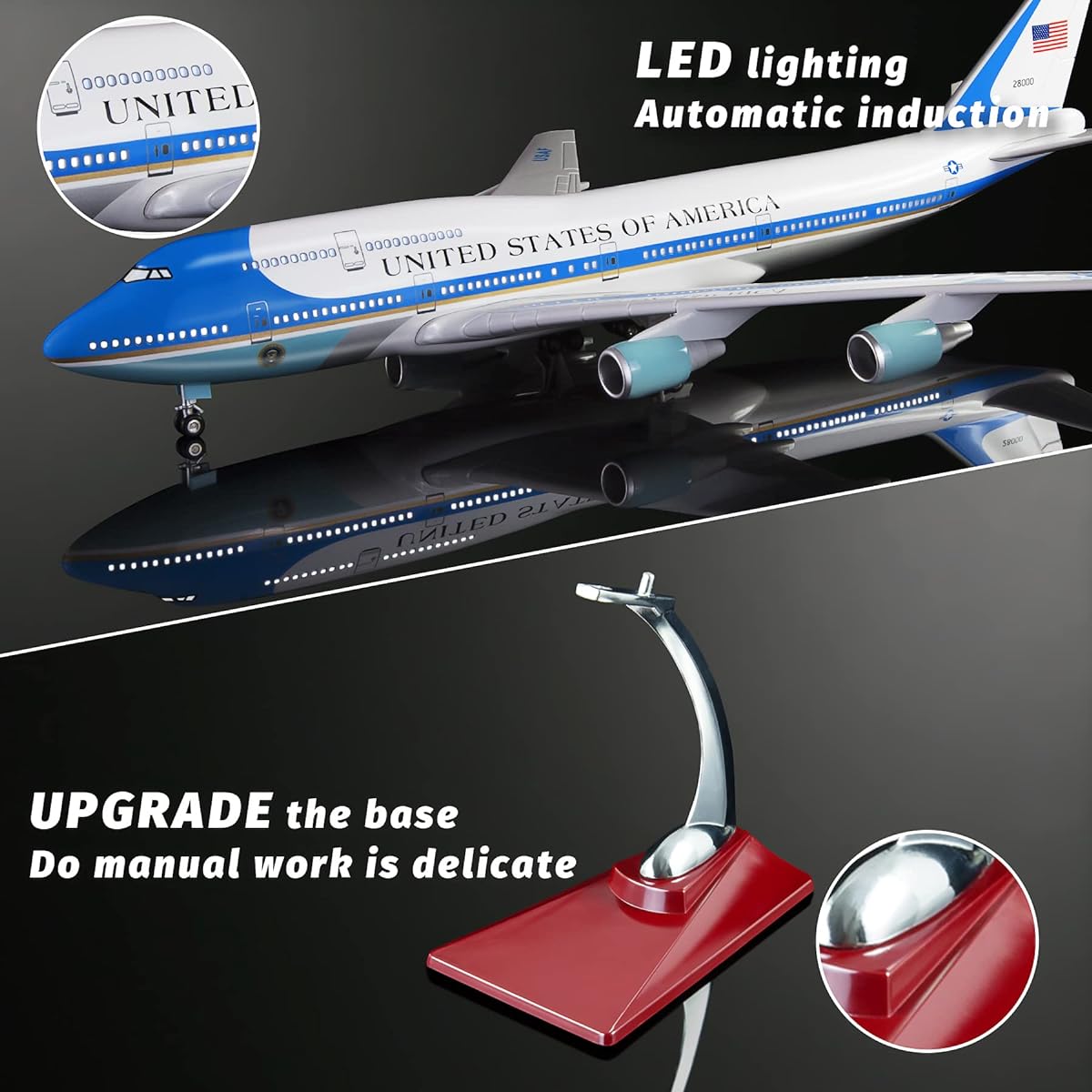Lose Fun Park 1:130 Scale Large Model Airplane Air Force One Boeing 747 Airplane Model Diecast Airplane with LED Light for Collection or Gift