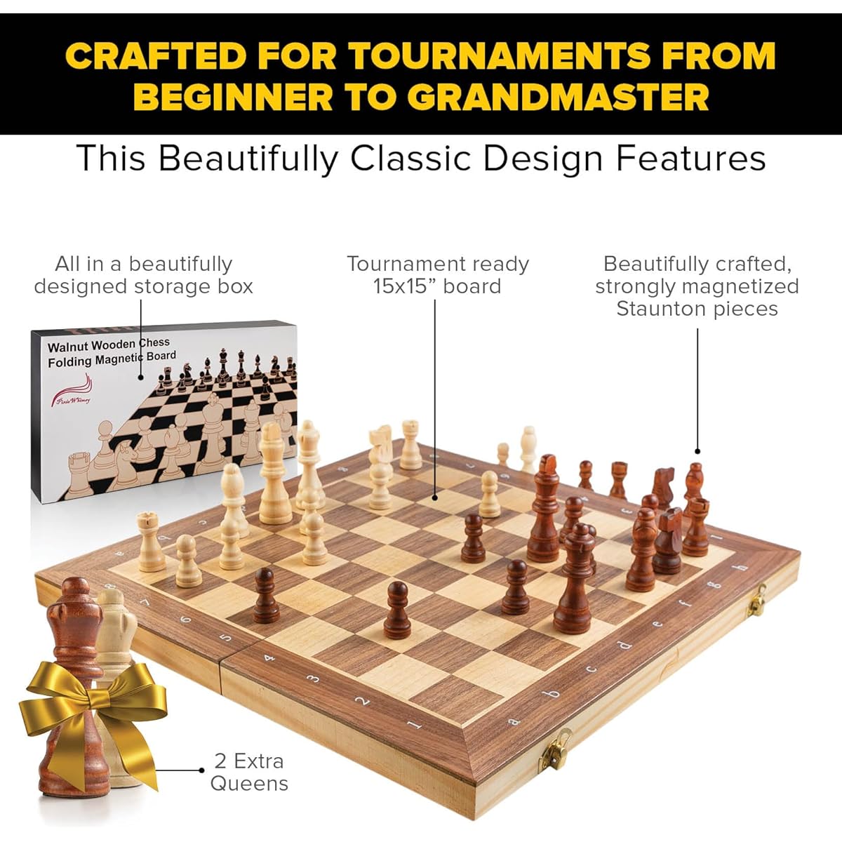 Magnetic Chess Set - 15" Walnut Veneer Folding Chess Game with Handcrafted Chess Pieces - Chess Board for Travel or Home, Beginner or Advanced Players, Tournament Ready, Alphanumeric Positions & Extra Queen