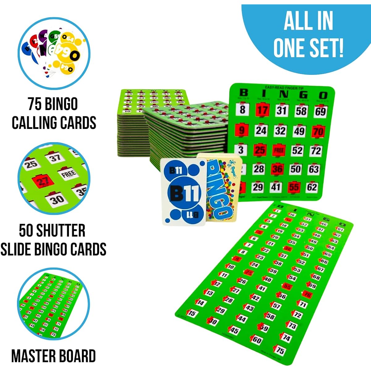 Regal Games - 50 Easy to Read Shutter Slide Cards - Easy to Read Fingertip Shutter Slide Cards Bingo Set - Jumbo Calling Cards with Master Board and Calling Cards - Green - No Repeat Set