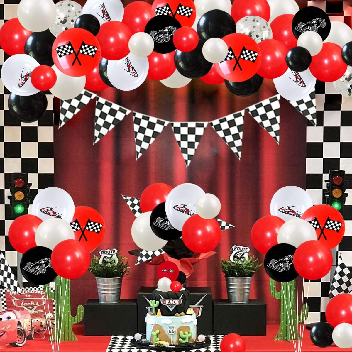Racing Theme Birthday Decorations Race Car Party Decorations Checkered Flag Balloons Garland Kit Red and Black Race Car 1st 2nd Birthday Decorations Kit
