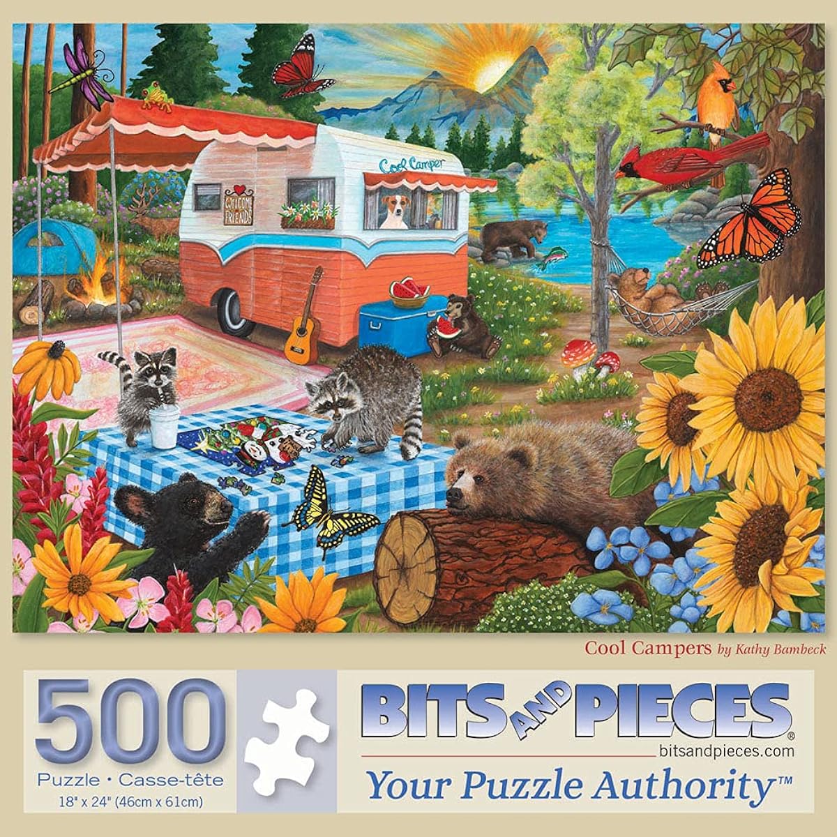 Bits and Pieces Jigsaw Puzzle 500 Pieces for Adults 18" x 24" Cool Camper 500 Pieces Nature Animal Bear Camp Forest River Author Cathy Bambeck