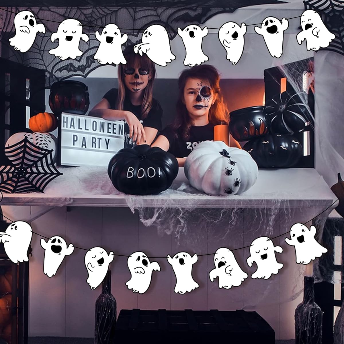 Cute Ghost Banner 2 Pack Halloween Garland Decoration Haunted House Entrance Home Indoor Outdoor Halloween Party Supplies