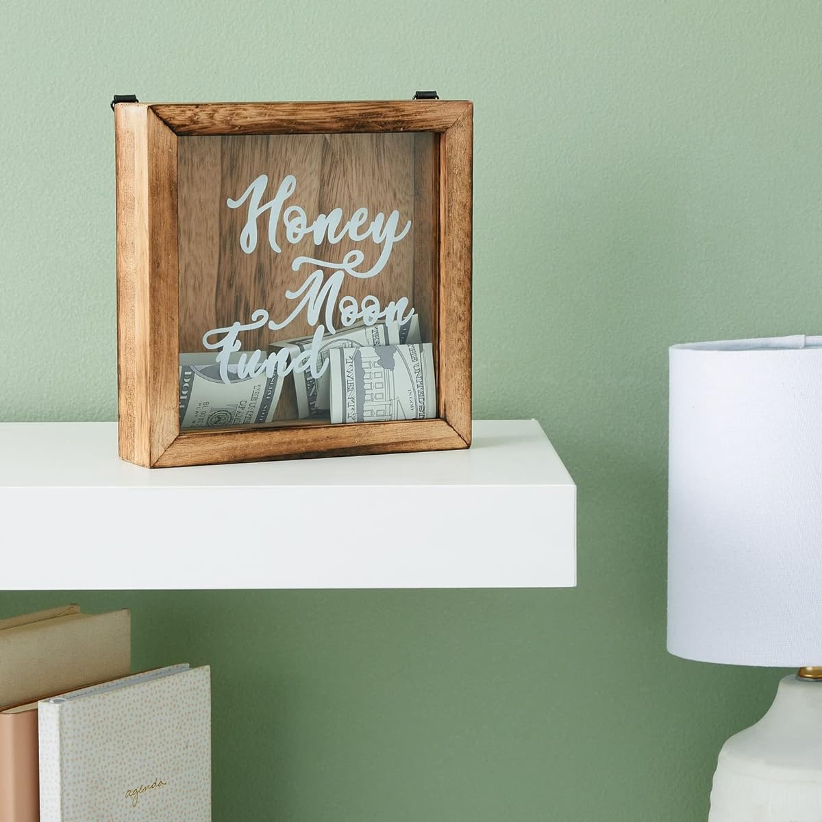 Wooden Honeymoon Fund Box Wedding Gift Shadow Piggy Bank Rustic Home Decor Supplies (7 x 7 inches)