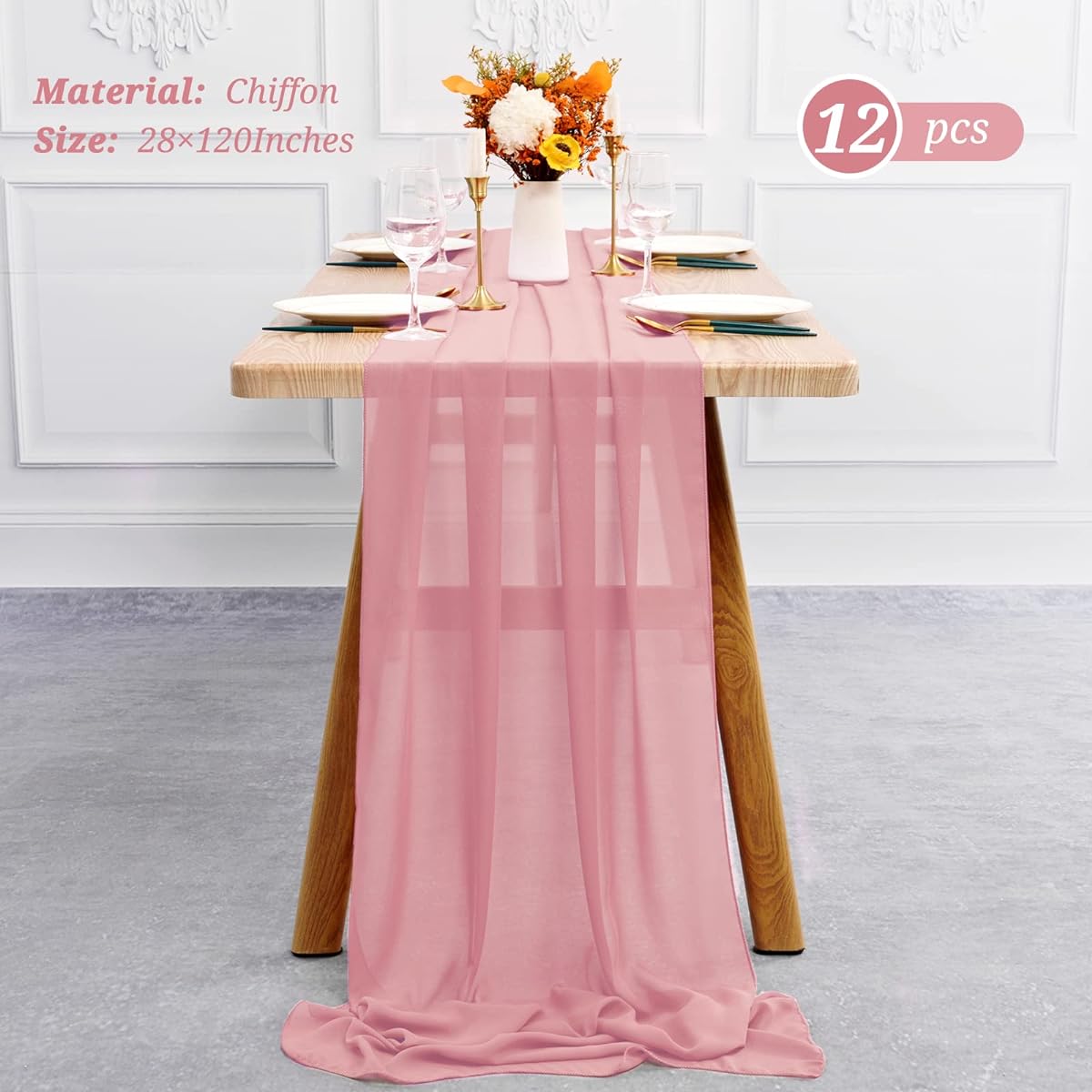 Dusty Rose Chiffon Table Runners, Set of 12, 10 Feet, 28x120 Inch, Sheer Wedding Table Runners, Romantic Table Decorations for Weddings, Banquets, Baby Shower, Birthday Parties, Holiday Decorations