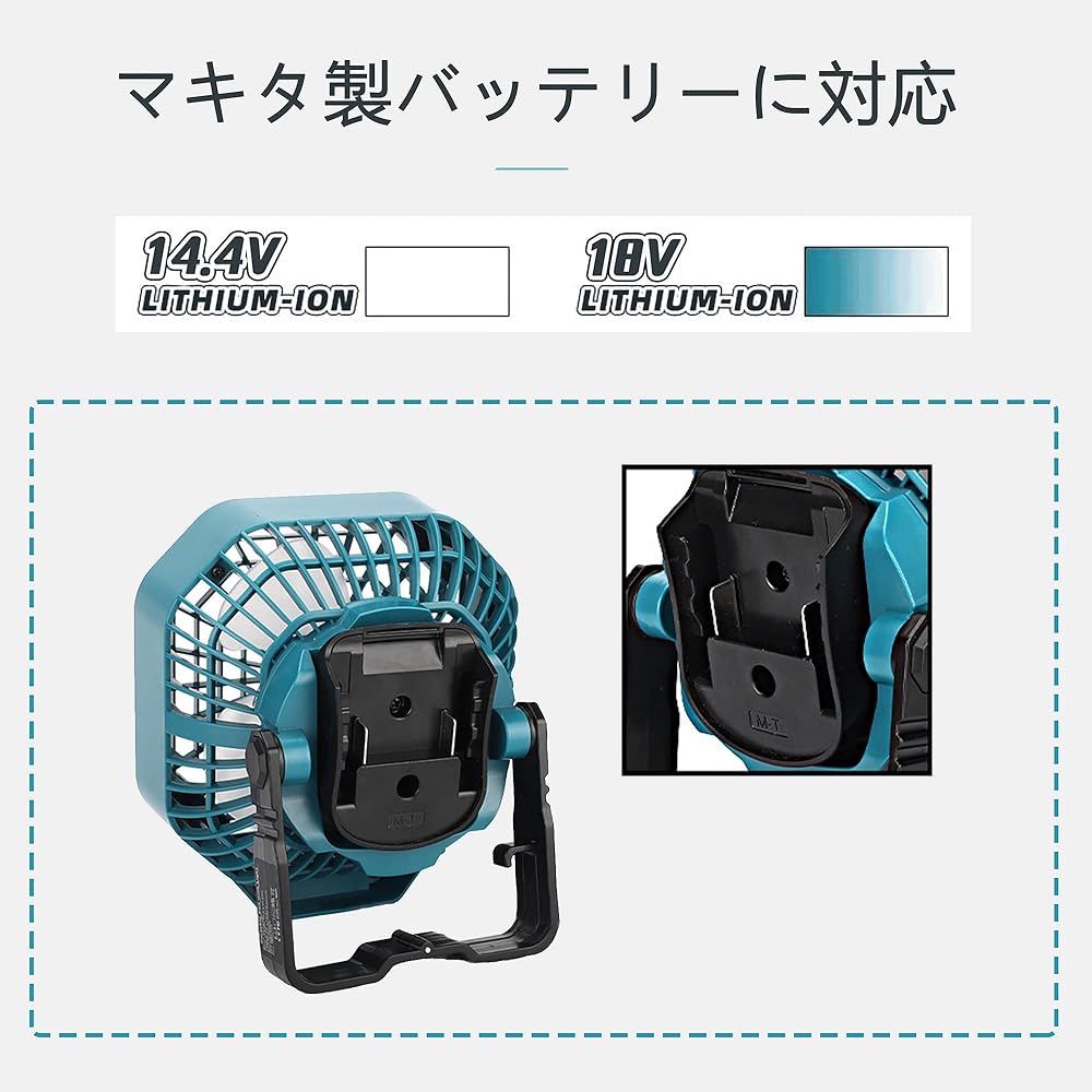 Portable fan, rechargeable camping outdoor fan, with LED light, remote control, 3-level adjustment of air volume and brightness, compatible with Makita 14.4/18V battery, for handheld, tabletop, and hanging use, small size (F)