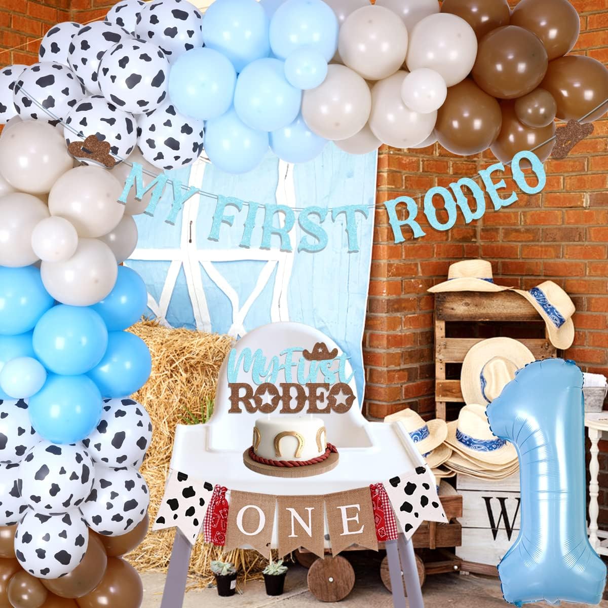 Cowboy 1st Birthday Decorations - 1st Rodeo Birthday Party Decorations for Boys Cowboy Balloon Garland Arch with Number 1 Foil Balloon, My First Rodeo Banner, Cake Topper for Cowboy Themed Party 1st Birthday