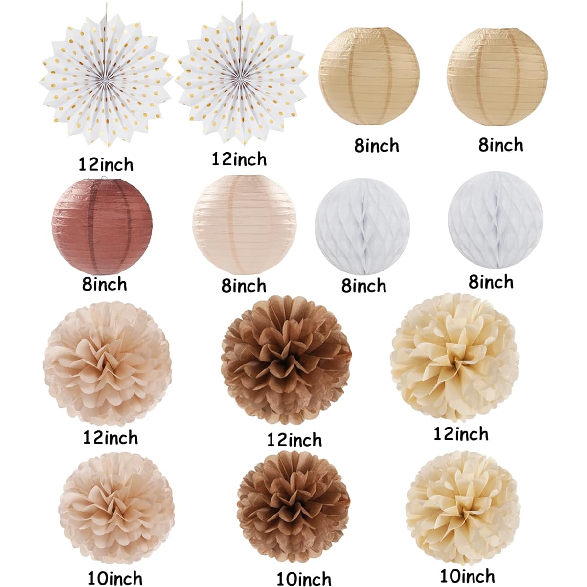 Ouruola Boho Baby Shower Party Decorations Streamer Lanterns 14pcs White Brown Champagne Neutral Birthday Wedding Bridal Paper Fans Tissue Pom Poms Honeycomb Balls Engagement Fall Christmas Decor Ouruola