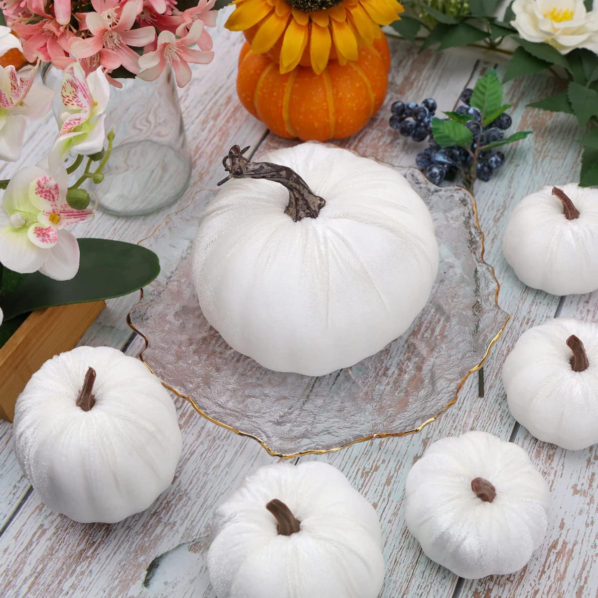 Meiwlong Velvet Fabric Artificial White Pumpkin Faux Velvet Cloth 8 Piece Pumpkin Set Halloween Handmade Foam Kitchen Realistic Decoration