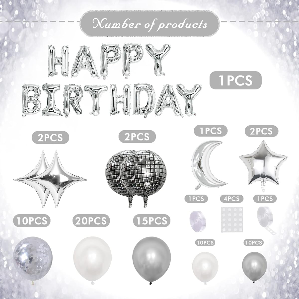 NOVBAUB Disco Ball Balloons Party Decorations 73pcs 4D Metallic Silver Foil Balloons Birthday Decorations Stars and Moon Disco Balloons for Birthday Party Decorations