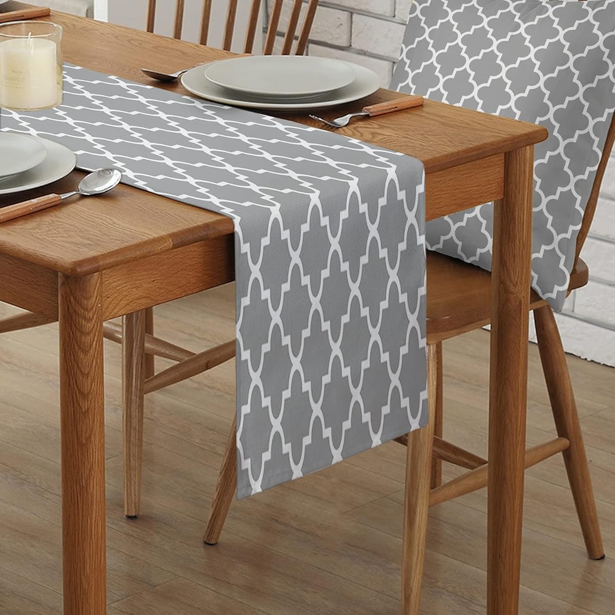 IDOWMAT Linen Burlap Table Runner Dresser Scarf Geometric Pattern Moroccan Tile Gray Kitchen Table Runner for Farmhouse Dinner Holiday Party Wedding Event Decor 13 By 70 Inch