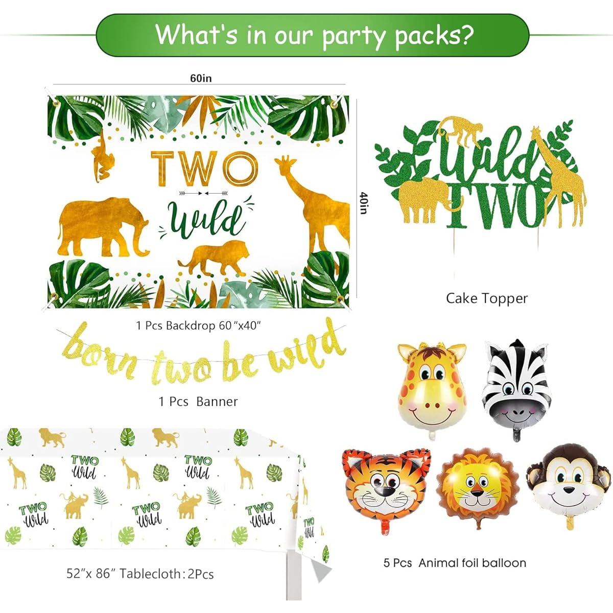 NAIWOXI Jungle Theme Party Supplies - 2 Wild Birthday Decorations includes banner, backdrop, topper, tablecloth, balloons, jungle safari theme party decorations for boy, girl and 2nd birthday.