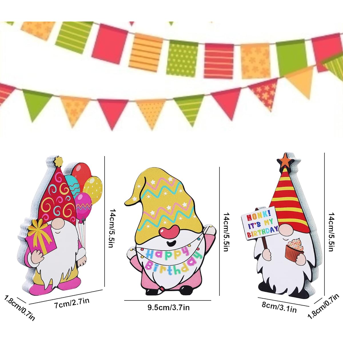 OBANGONG 3pcs Happy Birthday Freestanding Gnome Decorations Wooden Gnome Birthday Sign Ornaments for Indoor Outdoor Lawn Birthday Party Decorations