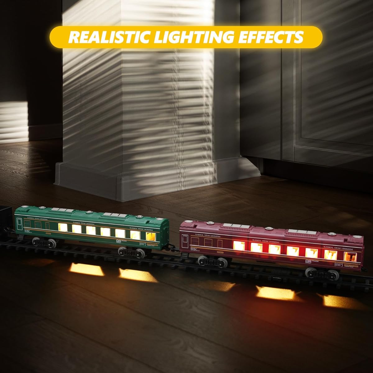 ROGALALY Children's Train Set Steam Locomotive Train Call Car Passenger Coach Freight Car Long Track Train Kit Smoke Light Sound Battery Operated Train Toy Boys Girls Gift