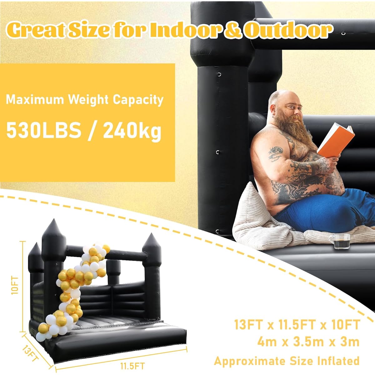 Black Inflatable Bounce House for Outdoor Backyard Wedding Decoration with Blower PVC Inflatable Bouncy Castle House for Kids 3-12 (13ft x 11.5ft x 10ft)
