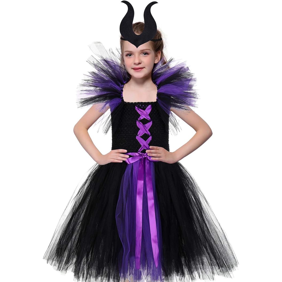 Tutu Dreams Halloween Vampire Witch Costume for Girls Ages 1-12 with Horns Headband