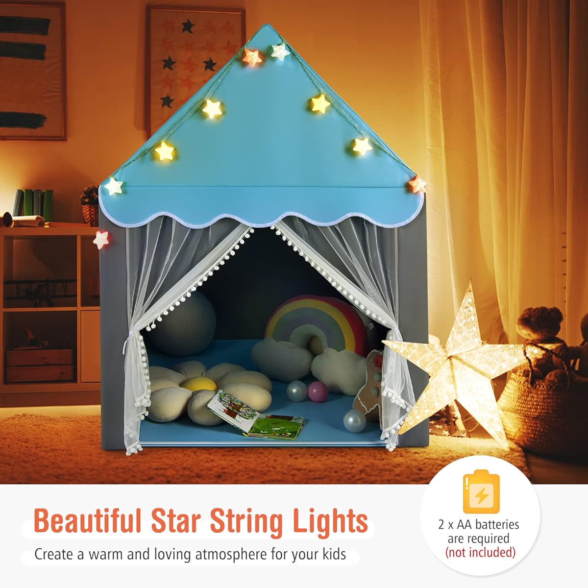 Costzon Kids Play Tent, Playhouse Tent with Washable Cotton Mat, Star String Lights, Window, Bottom Zipper, Large Indoor & Outdoor Castle Fairy Tent, Easy to Assemble, Gift for Boys & Girls (Blue)