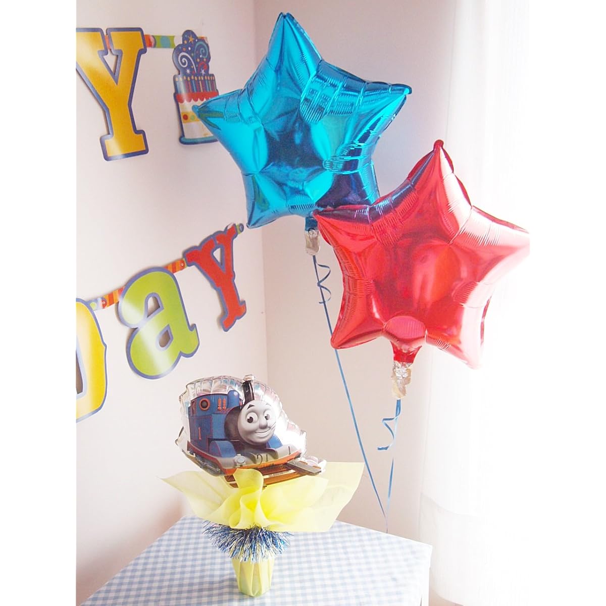 Thomas the Tank Engine Balloon Gift with Sweets Character Telegram Balloon Telegram Balloon Pot Thomas the Tank Engine with 2 Star Balloon