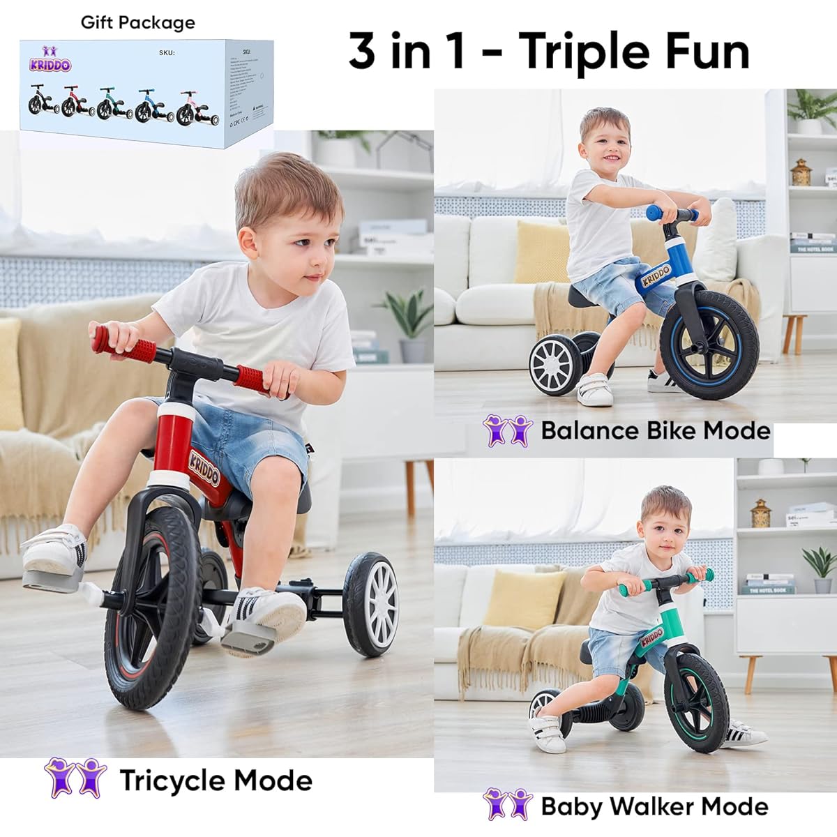 KRIDDO 3-in-1 Kids Tricycle for 2-3 Years Old, 12" Front Wheel Trike, Toddler Balance Bike Bicycle for Boys and Girls Ages 2 to 4, Removable Pedals, Push & Ride Fun, Pink