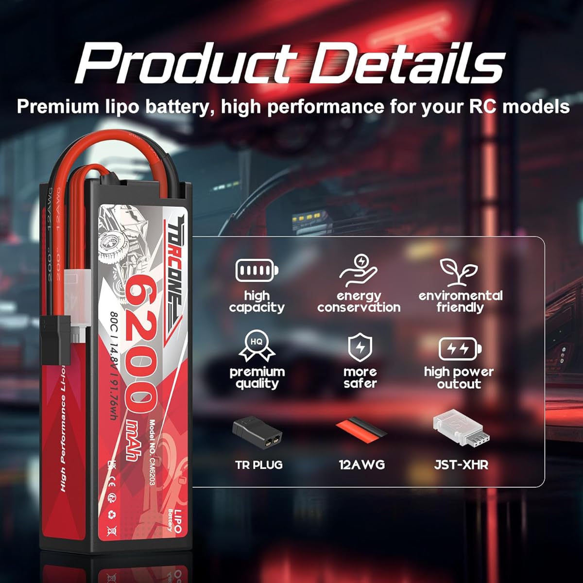 TORCONE 14.8V Lipo Battery 4S 80C 6200mAh Lipo Hard Case with TR Connector for RC Car Truck 1/8 1/10 RC Vehicle