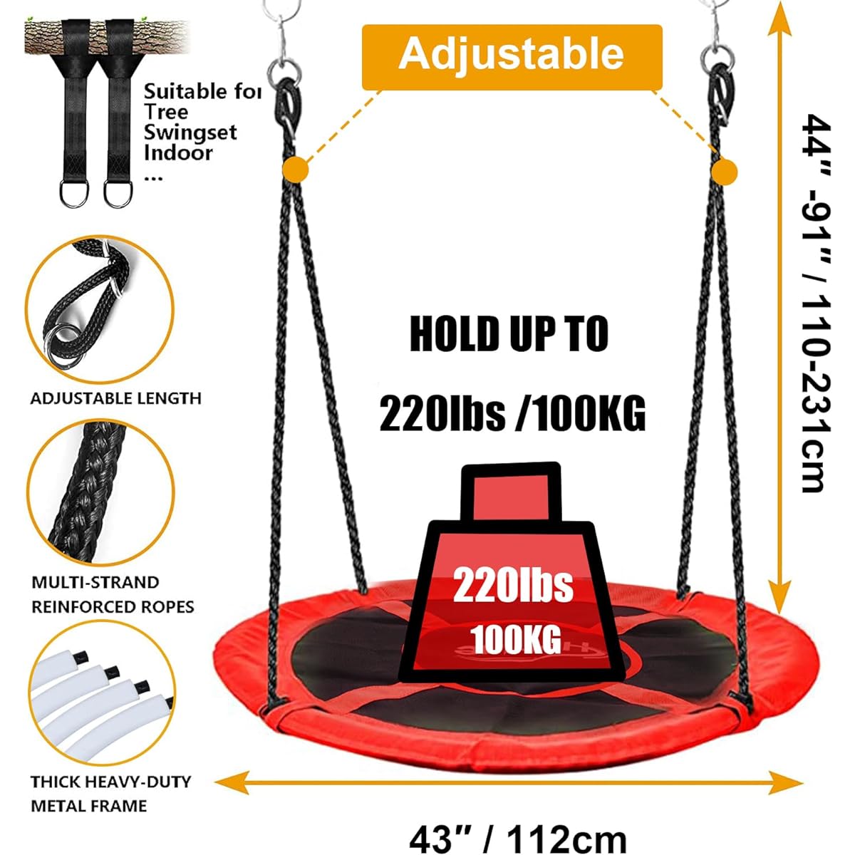 Hishine 43 Inch Saucer Tree Swing for Kids 360° Rotation Waterproof Flying Saucer Swing with Swivel Hanging Strap Adjustable Rope Round Mat Tree/Swing Spinner Swing Set (Red)
