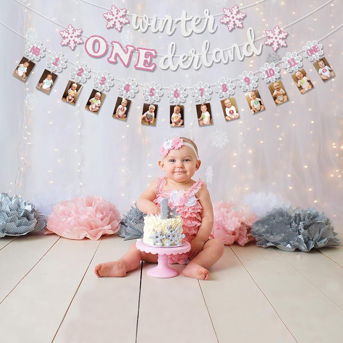 Winter First Birthday Decorations Kit, Winter Onederland Banner Snowflake Photo Banner Winter Baby Girl 1st Birthday Pink & White Cake Smash Milestone Party Supplies