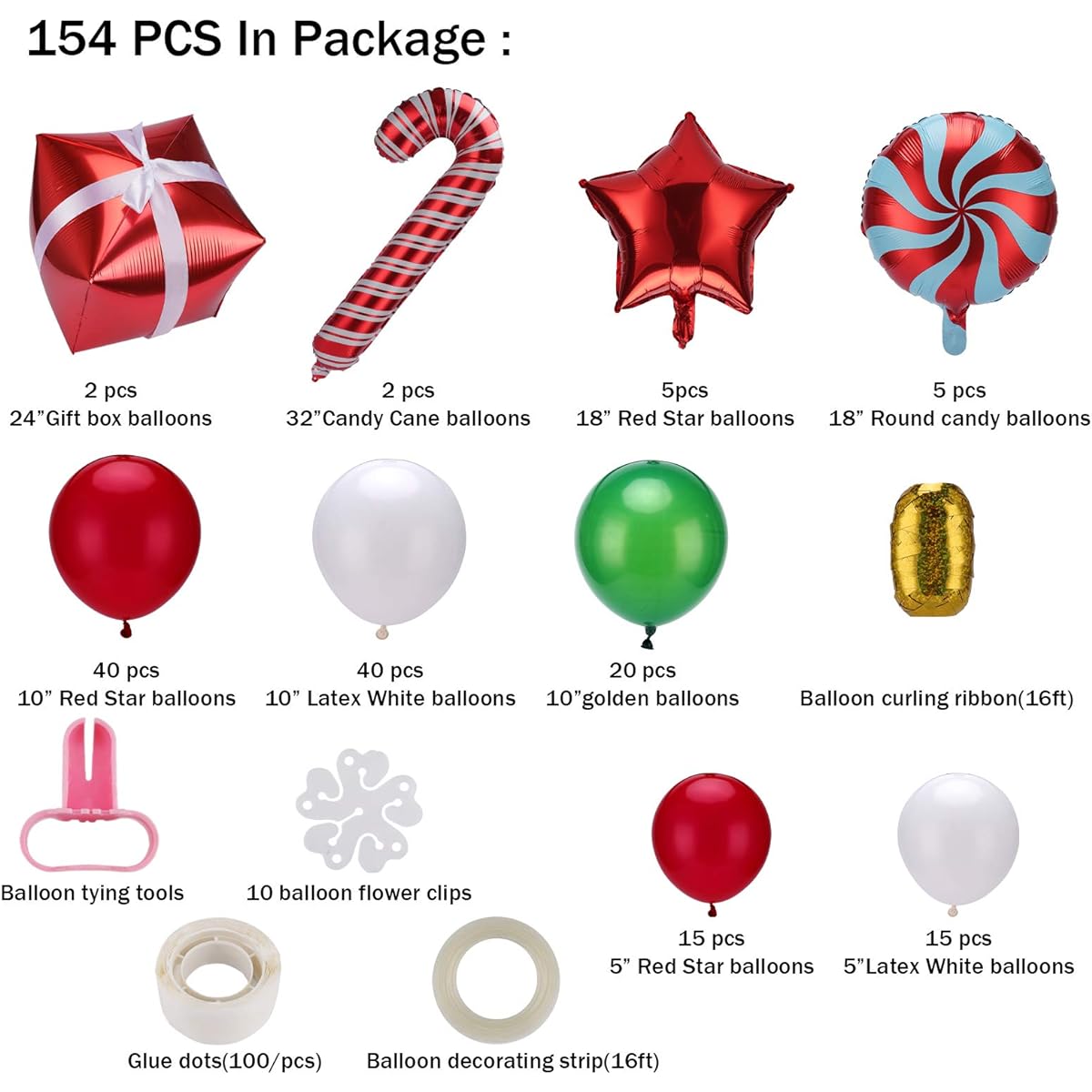 Christmas Balloon Garland Arch Kit - 156 Pieces Christmas Red Green White Candy Balloons Gift Box Balloons Red Star Balloons for Christmas Party Decorations