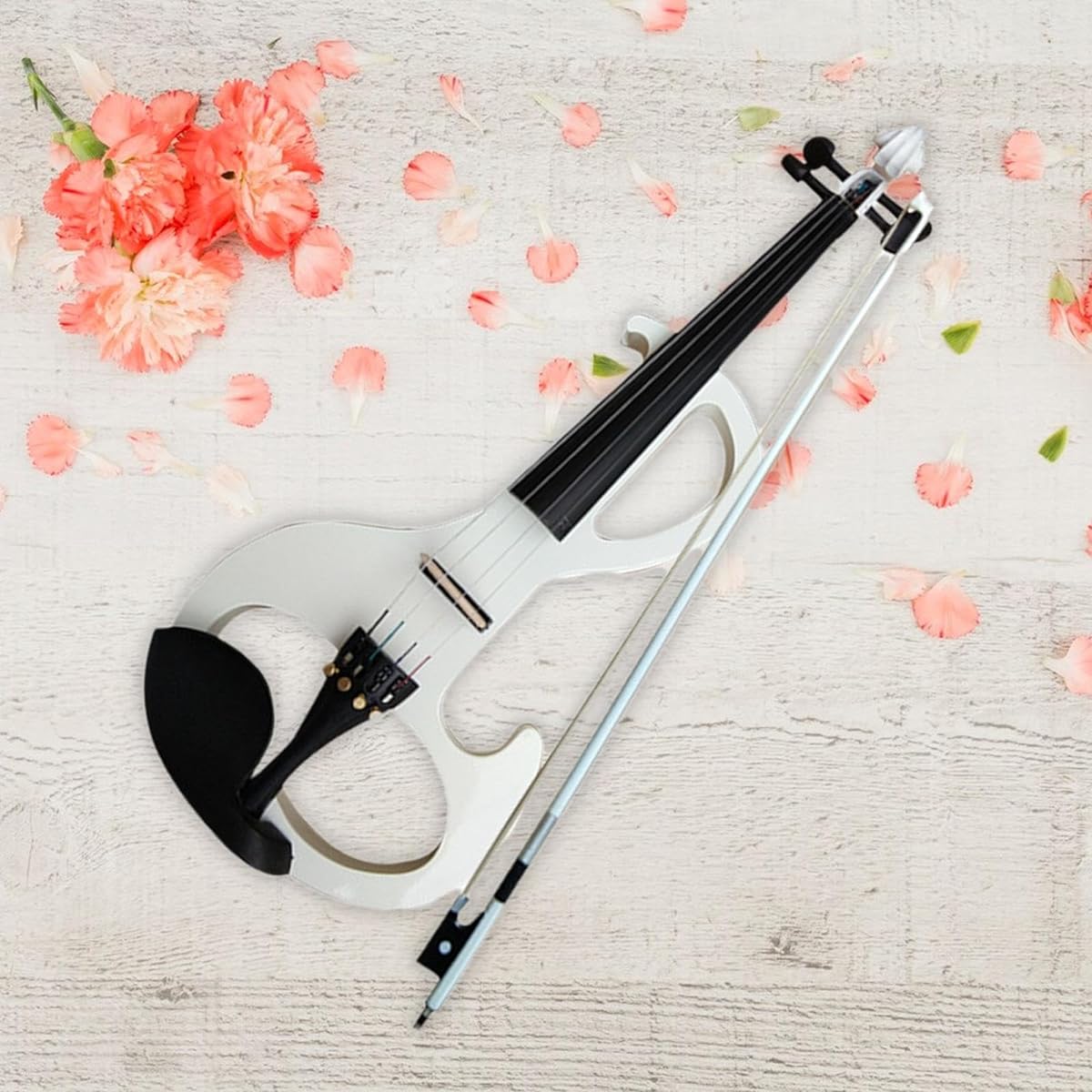 Kioware Electric Violin, Solid Wood Silent Electric Violin Instrument, 4/4 Size Violin Bow with Fittings for Beginners, White