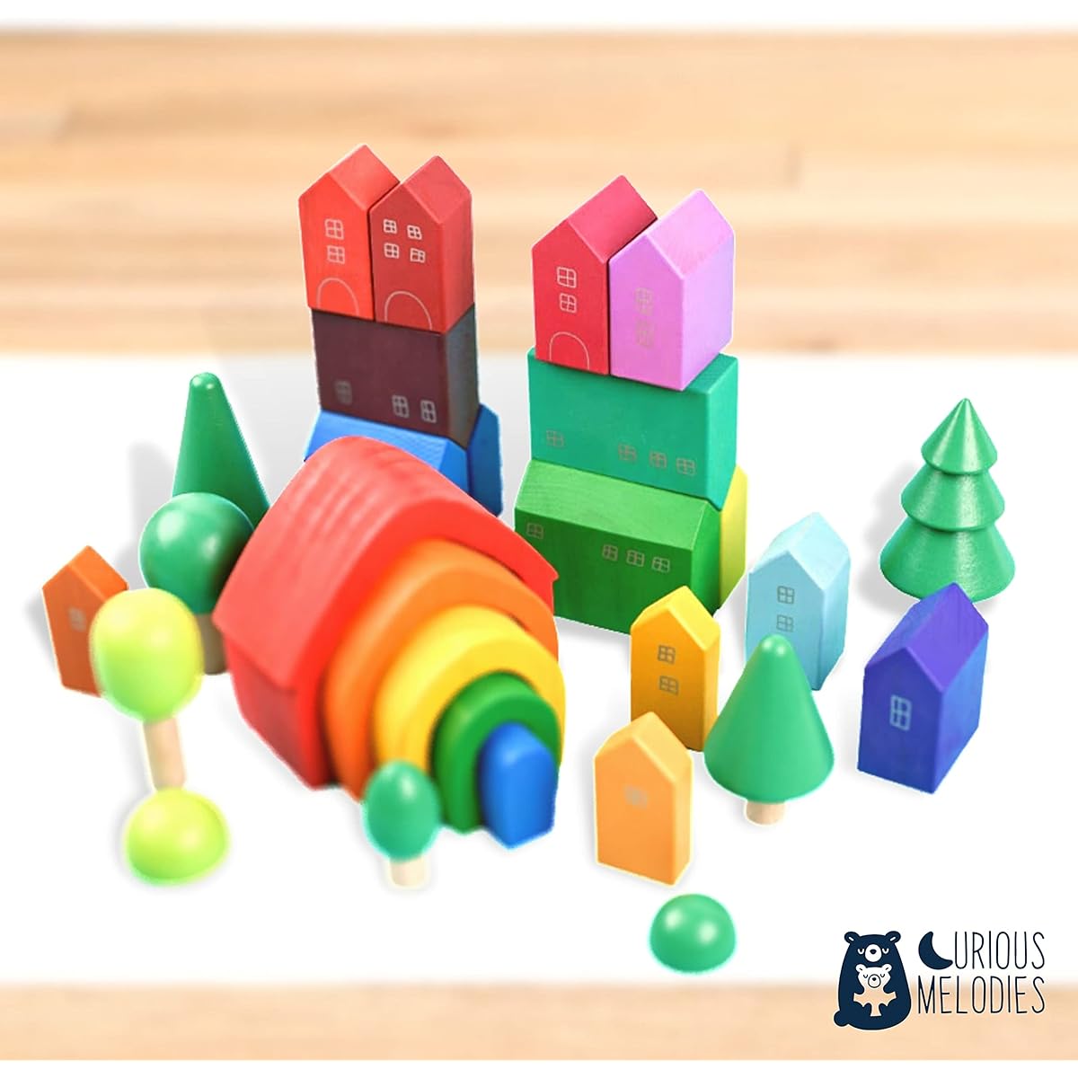 Curious Melodies: Blockworldds - Colorful Viriage House Scene Building Blocks Wooden Toys - Tray Set (15 Pieces)