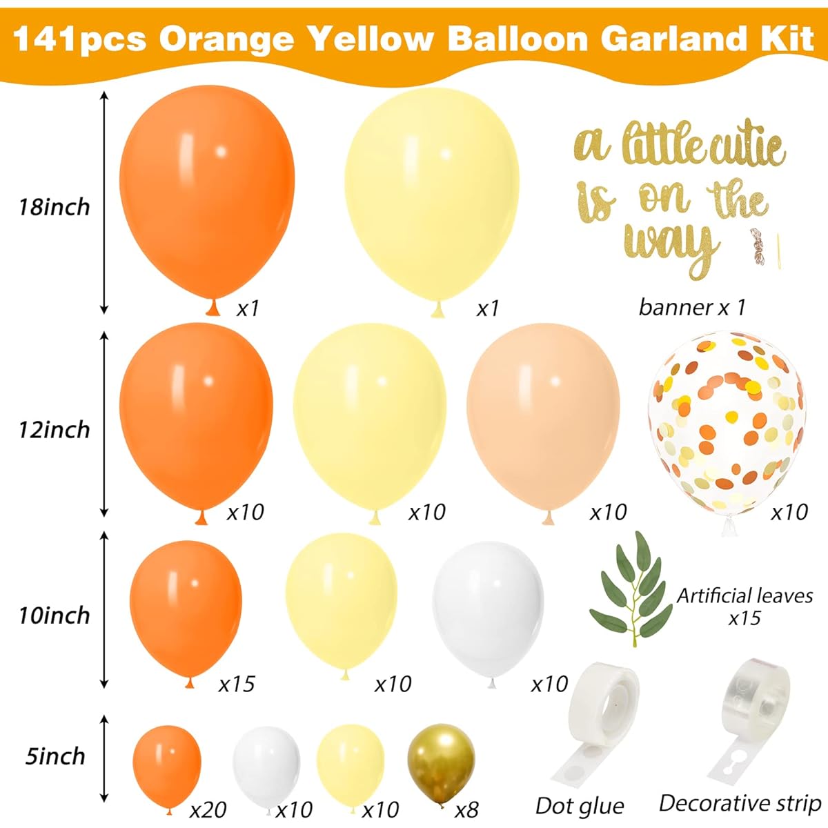 RUBFAC Little Cutie Balloon Garland Kit Orange Yellow White Confetti Latex Balloons for Baby Shower Tangerine Theme Birthday Party Decorations 141pcs